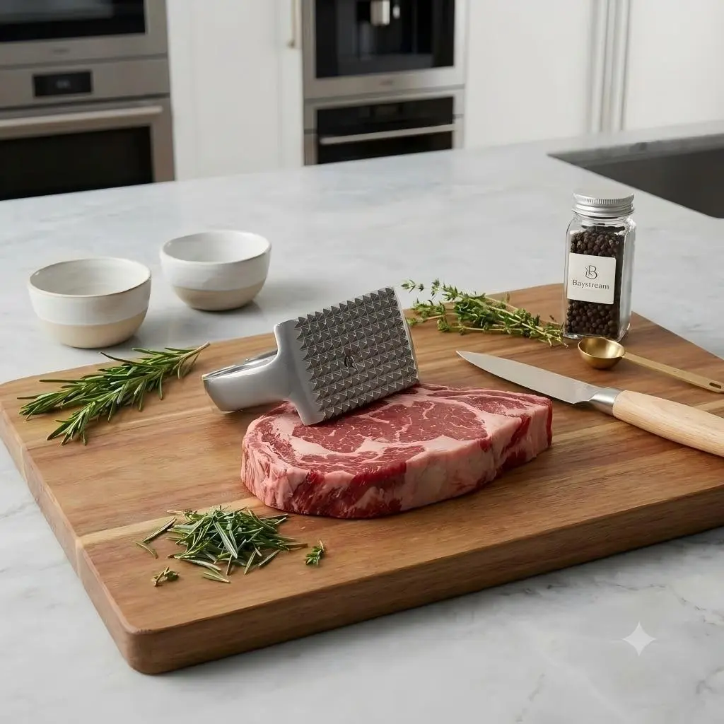 Meat Tenderizer Mallet - 1pc Heavy-Duty Metallic Die-Cast Metal Kitchen Utensil with Ergonomic Grip, Smooth Construction for Steak, Chicken Prep