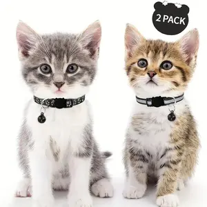 2pcs Reflective Cat Collars with Cute Paw Footprints & Bell, Adjustable Breakaway Design for Kittens, Geometric Pattern Made of Polyester