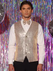INSPIRE CHIC Men's Sequin Shiny Slim Fit Vest Sleeveless Suit Waistcoat Set with Bow Tie