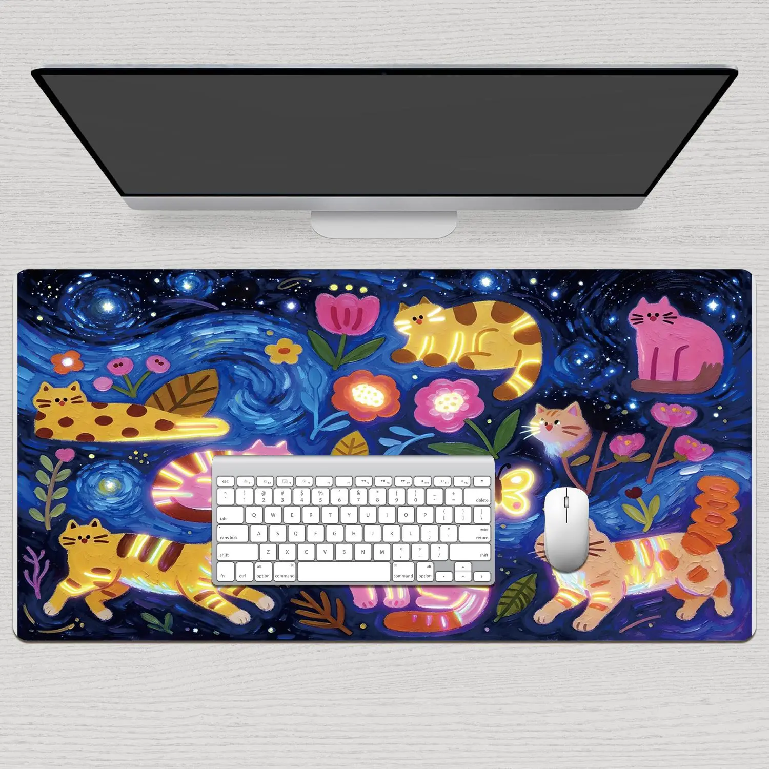 Thermal Sublimation Mouse Pad - 40x80cm Rectangular Desk Mat with Premium Floral & Cat Starry Night Custom Graphic, Stitched Edges, Rubber Base, Precise Control for Gaming & Office Work