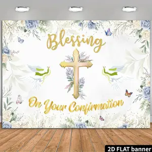 2D Plane Confirmation Blessing Background Banner - Elegant flowers and designs, durable polyester fiber fabric, suitable for first communion, wedding, wedding photo booth props and party decoration, Wishing Banner
