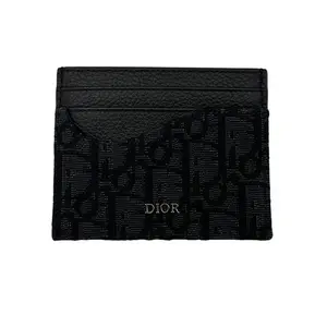 Pre-owned Dior Calfskin Small Leather Goods Saddle Oblique Blue Card Holder DOA01