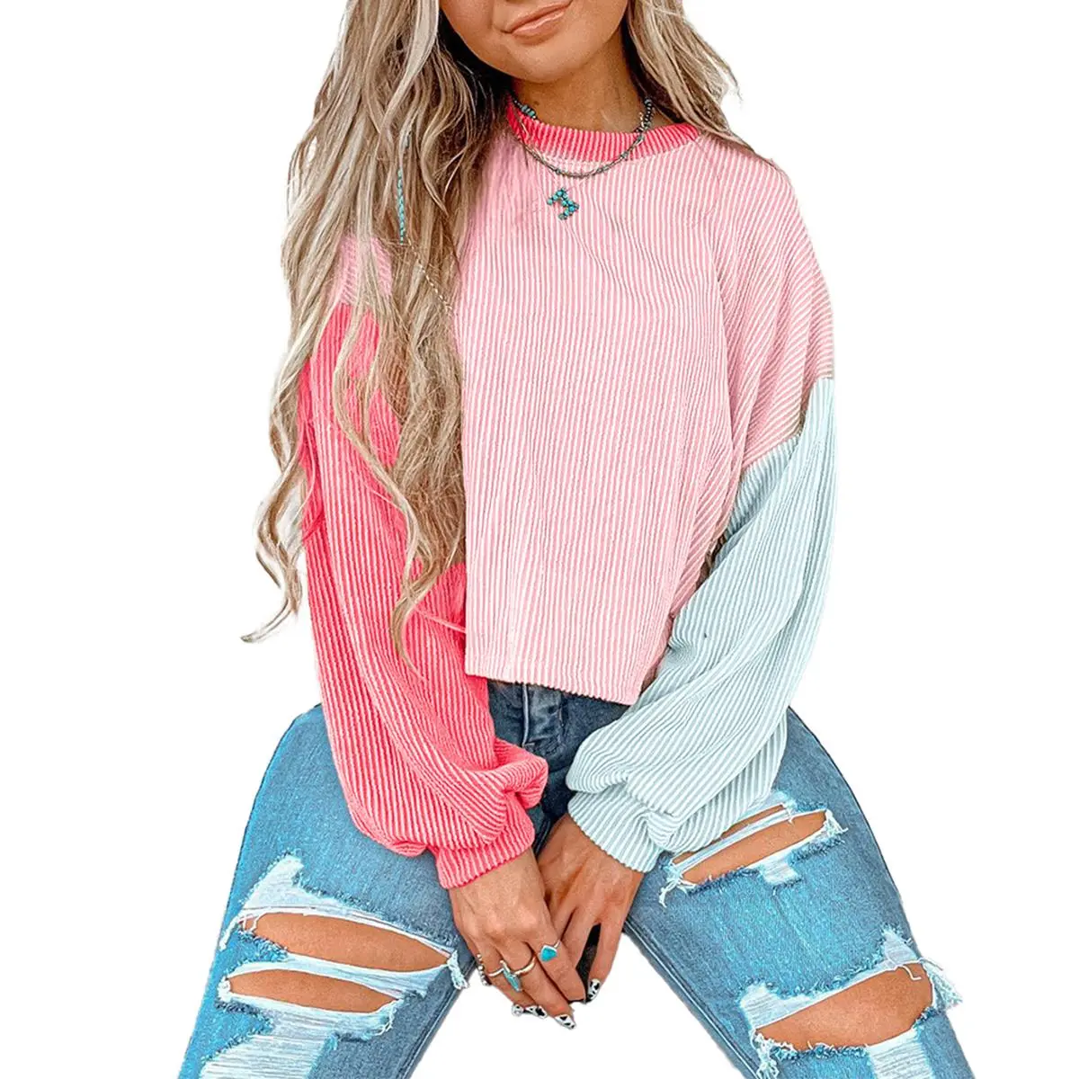 Asvivid Women's Aesthetic Ribbed Viscose Knitwear Pullover Sweatshirt - Round Neck, Twisted Colorblock, Dropped-Shoulder, Chic Casual Top for Outdoor Wear with Jeans or Skirt