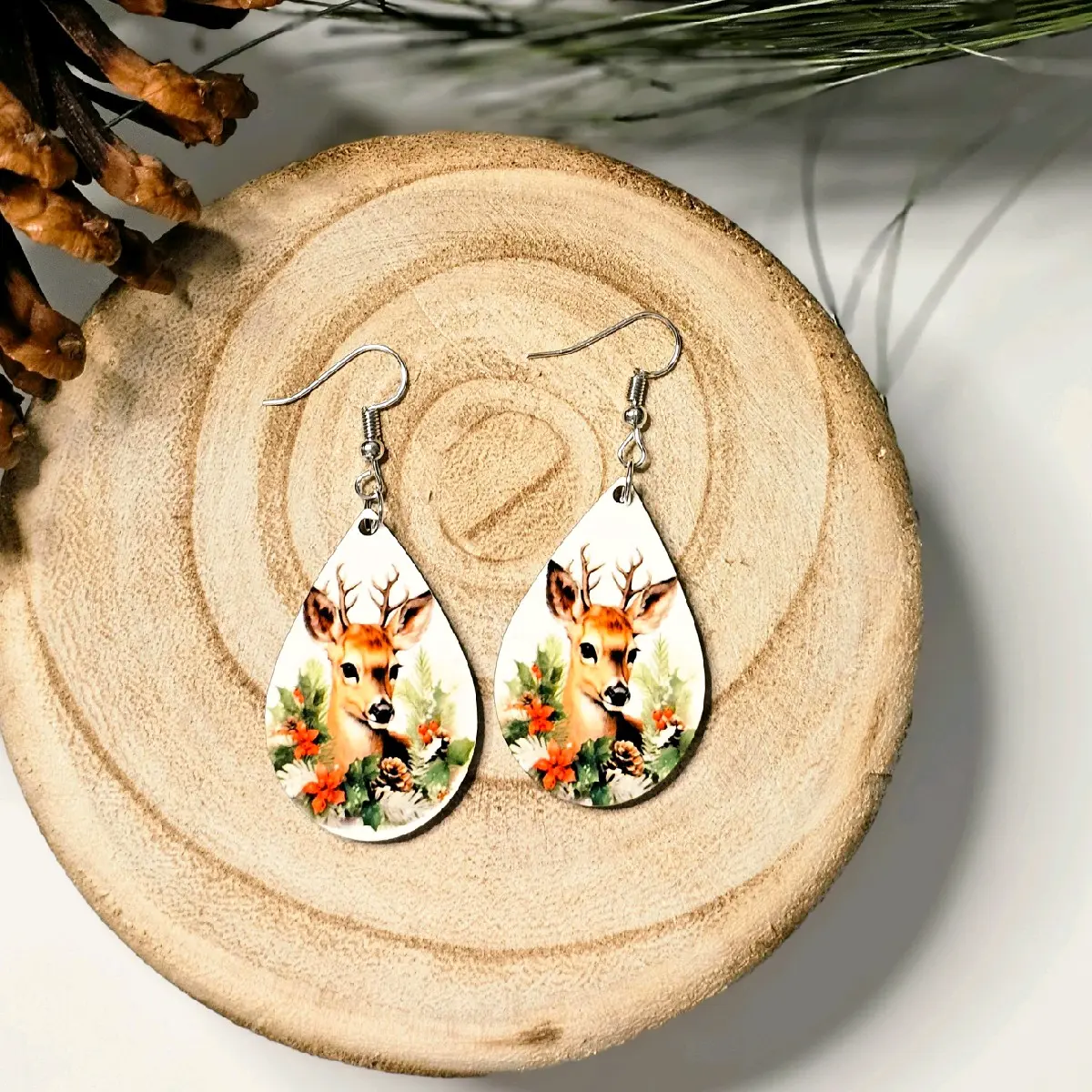 Christmas Reindeer Earrings Retro - Handmade Wood Dangle Tear Drop French Hook  Jewelry