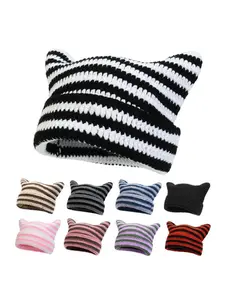 Unisex Handmade Striped Cat Ear Knit Beanie Hat - Fall Winter Cute Warm Sports & Outdoor Accessory with Unisex Fit for Daily Outfits