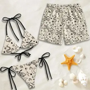 Mystic Snake Moon Butterfly Print Couple Swimwear Set, Matching Bikini and Shorts 7VN