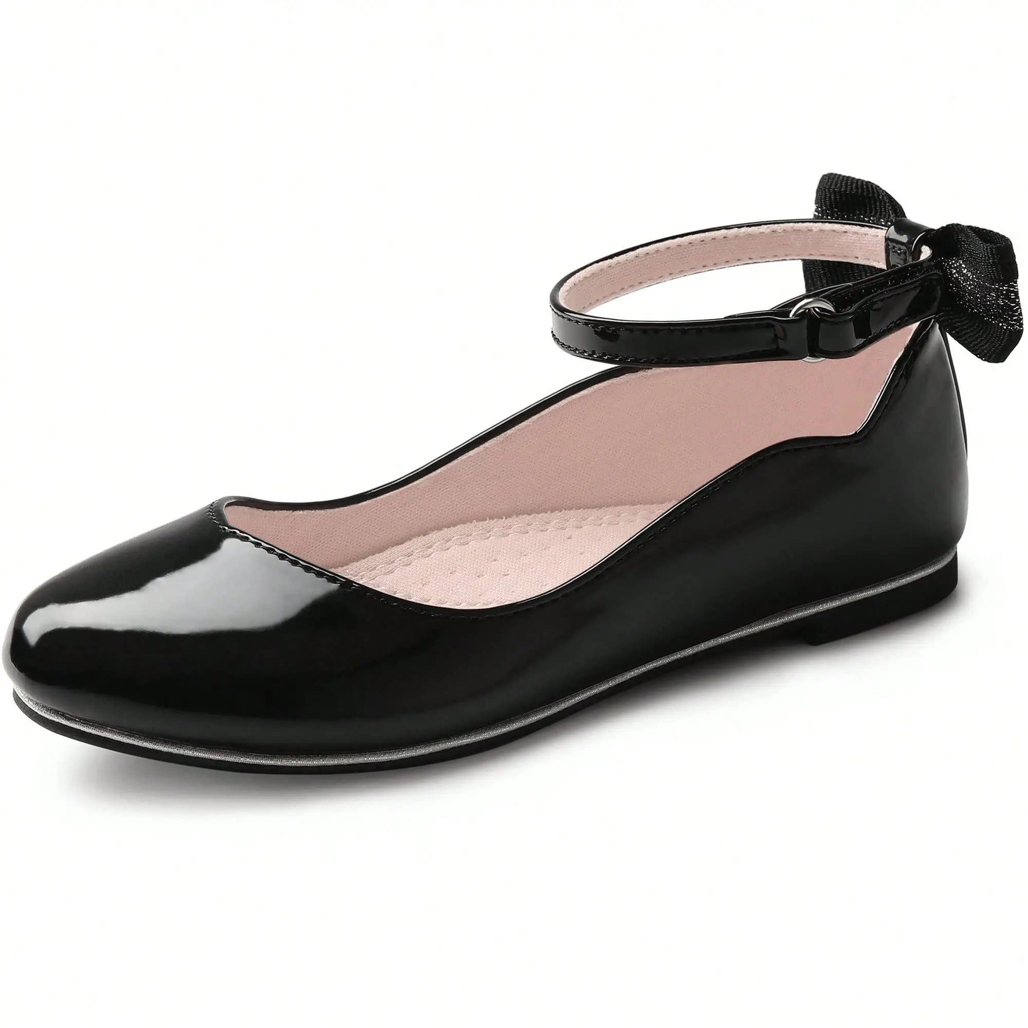 shoeslocker Girls' Black Patent Mary Jane Ballet Flats with Ankle Strap for Weddings & Parties Little to Big Kids Secure Fit Special Occasions, Party Flats, Patent Finish Flats, Round Toe