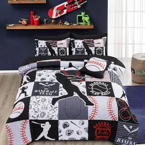 Sports Geometric Grid Black Patchwork Baseball Printed 6Pcs Full Size Bed in A Bag Comforter Bedding Set for Boys, Black