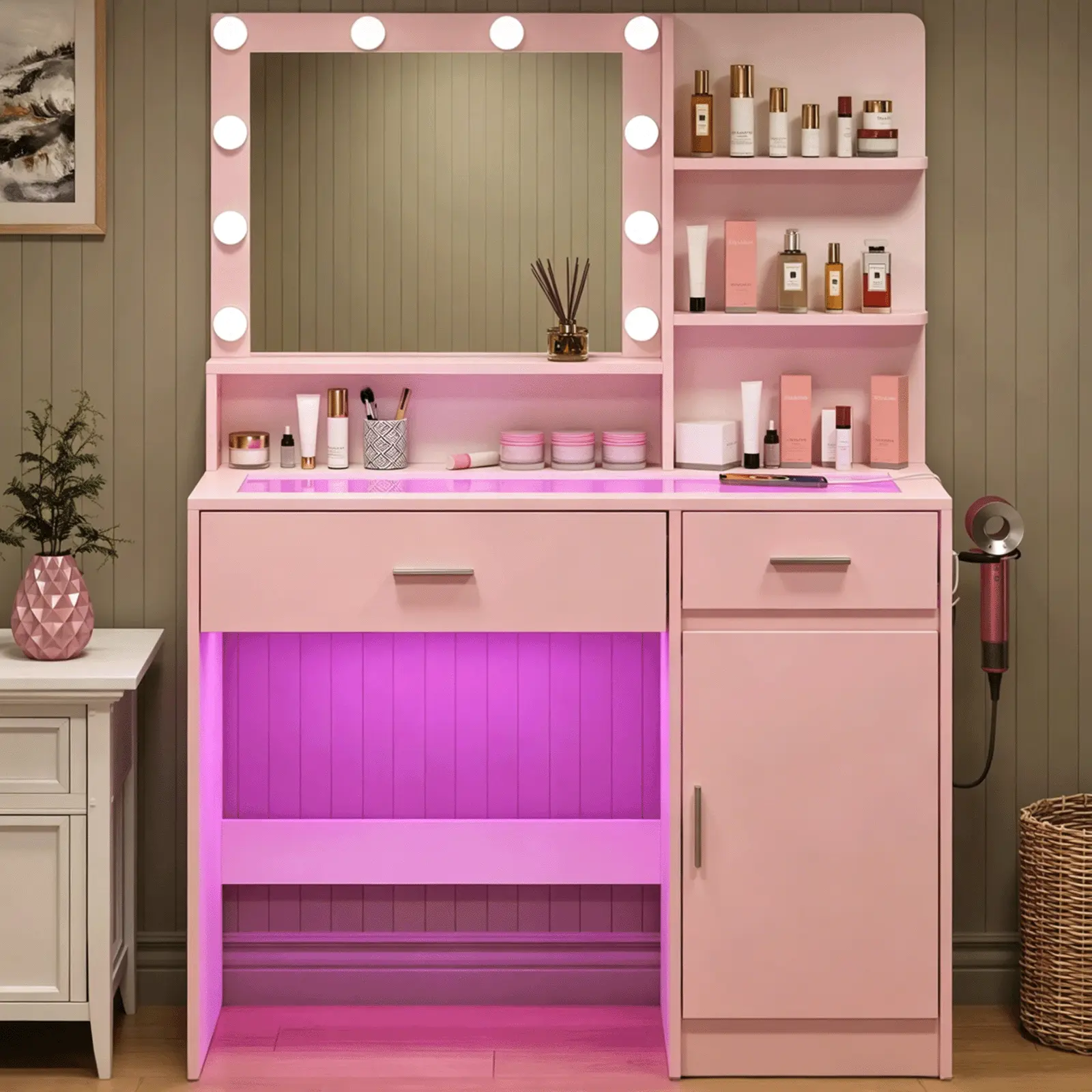 CollaredEagle Vanity Desk With Mirror, Women Girls Bedroom Dressing Table, LED Lighted Makeup Station, Glass Top Vanity Table, Adjustable Brightness Vanity