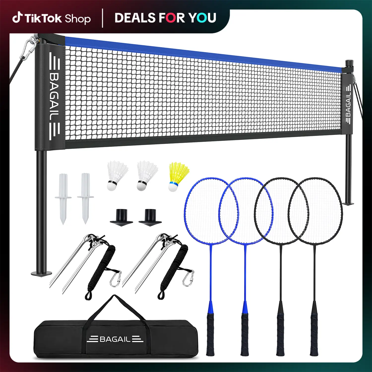 【Summer Wins】BAGAIL Outdoor Badminton Net Set with Anti-Sag Winch System - Official Size 20ft x 5ft, 4 Rackets, 3 Shuttlecocks, Durable PE Net & Carry Bag for Backyard, Beach, Family Games sport