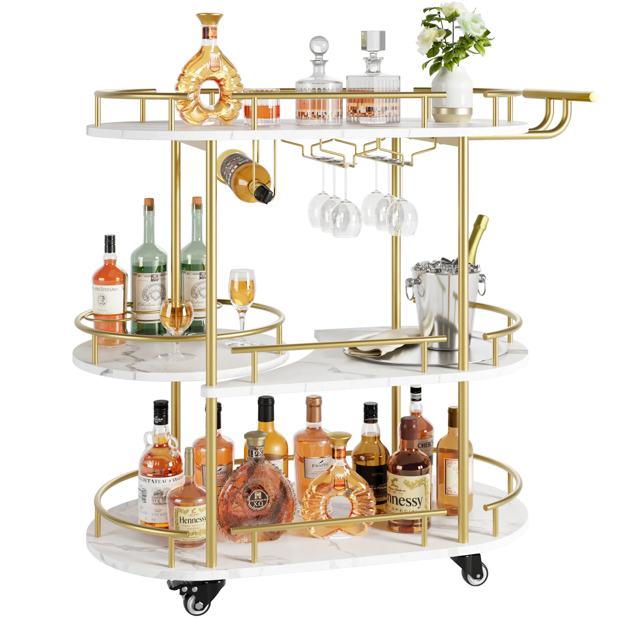 Elegant 4-Tier Gold Bar Cart with Wine Rack and Glass Holder – Rolling Serving Trolley with Storage Shelves for Kitchen, Dining, Living Room, Home Parties