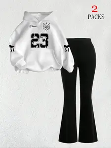 Women's Warm Sweatshirt Matching Set + Slim Fit Flare Pants, Casual Everyday Butterfly Print Hoodie with Kangaroo Pocket, Fall & Winter Womenswear