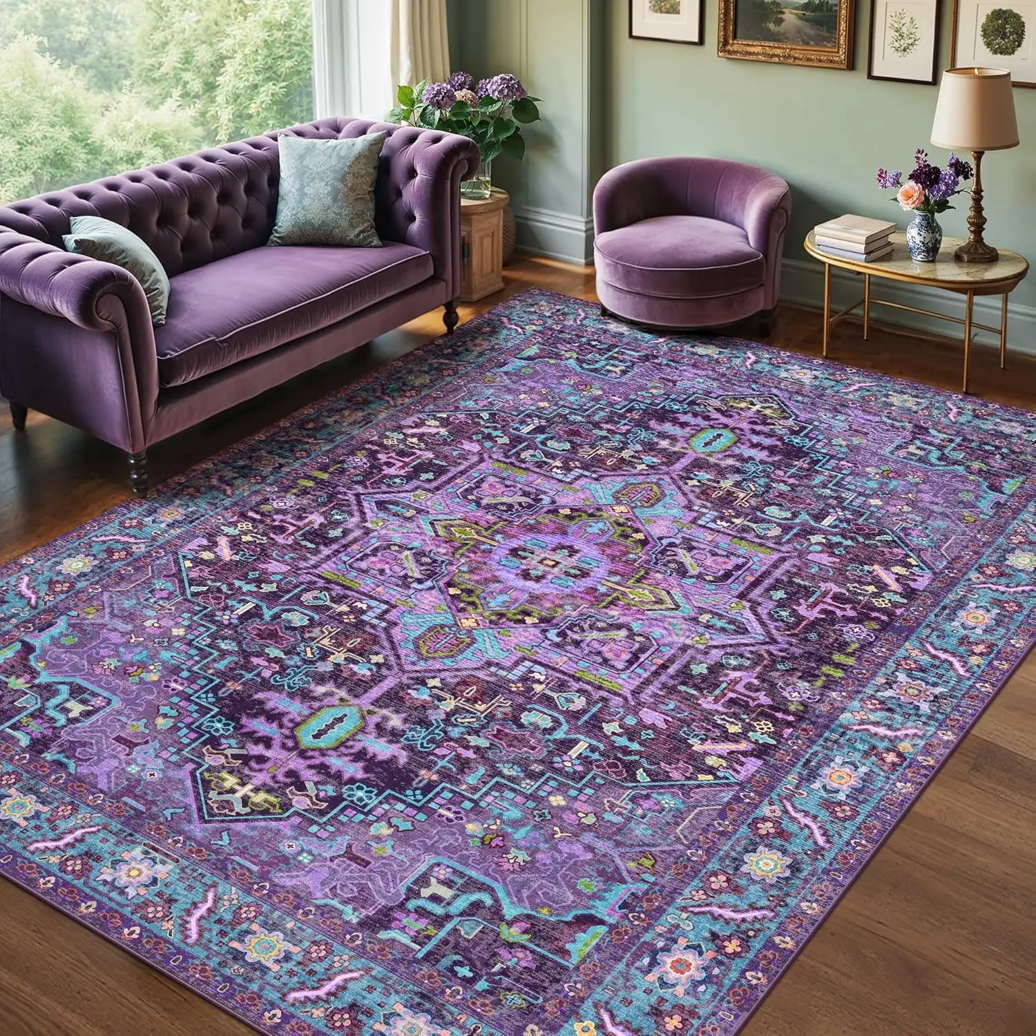 Machine Washable Violet Purple Vintage Oriental Design Area Rug - Home Decor for Living Room, Bedroom, Soft Non-Slip Low Pile Stain Resistant with Distressed Medallion Pattern, Machine Washable Rug, Home Decor Rugs