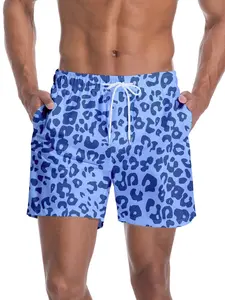 Men's Blue Leopard Print Quick-Dry Beach Shorts with Inner Mesh Swim Trunks, Loose-Fit Casual Style for Beach Vacations