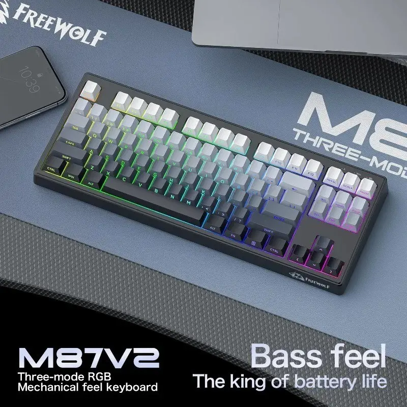 FREEWOLF M87 V2 Bass Keyboard Bluetooth Tri-Mode FREEWOLF RGB 4000mAh Long Battery Keyboard Dual System Compatible 87 Keys for PC\latops RGB Mechanical Feel Rechargeable Keyboard RGB Lighting Keyboard