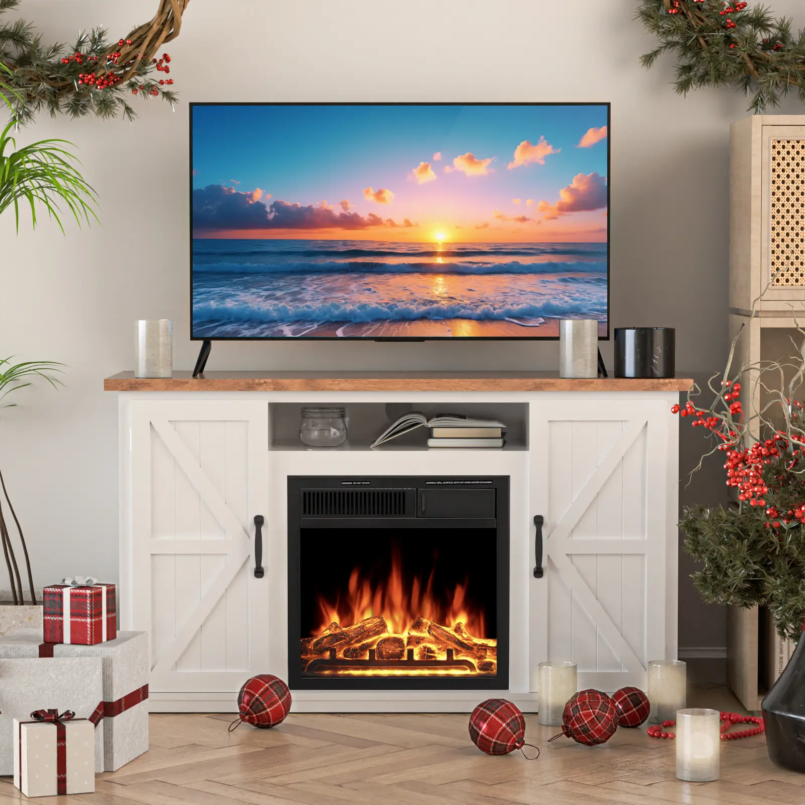 Xbeauty 47x27 in Traditional Walnut Wood Corner Freestanding Electric Fireplace Mantel - Silent Infrared Quartz Heating Heater, Adjustable LED Flame, Remote Control, 400 to 599W, 12.5A, Standard Plug, Traditional Look, Ideal for Small Home, Townhouse, Ind