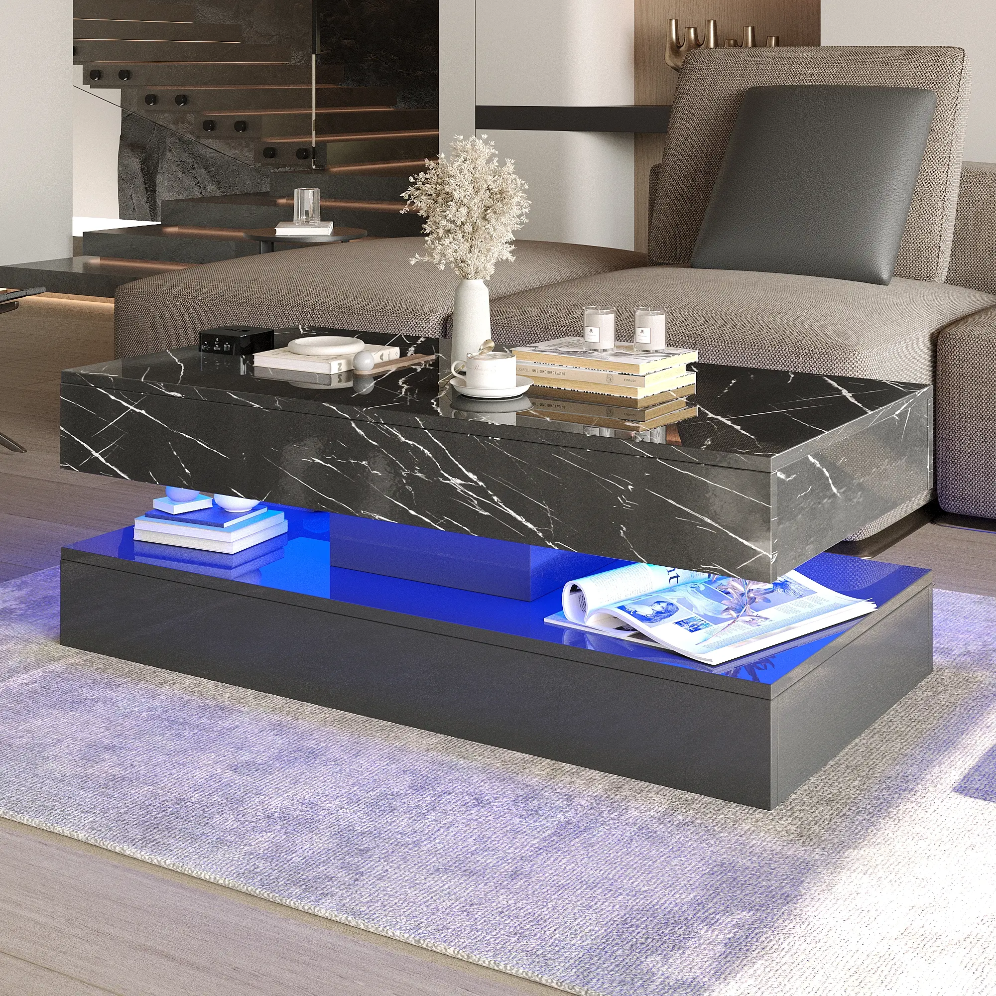 47.2IN/39.4IN LED Coffee Table with 2 Storage Drawers, Modern High Gloss Coffee Table with APP Control LED Lights, 2 Tiers Rectangle Center Table for Living Room with Marbling Print, Marbling Black/Marbling White