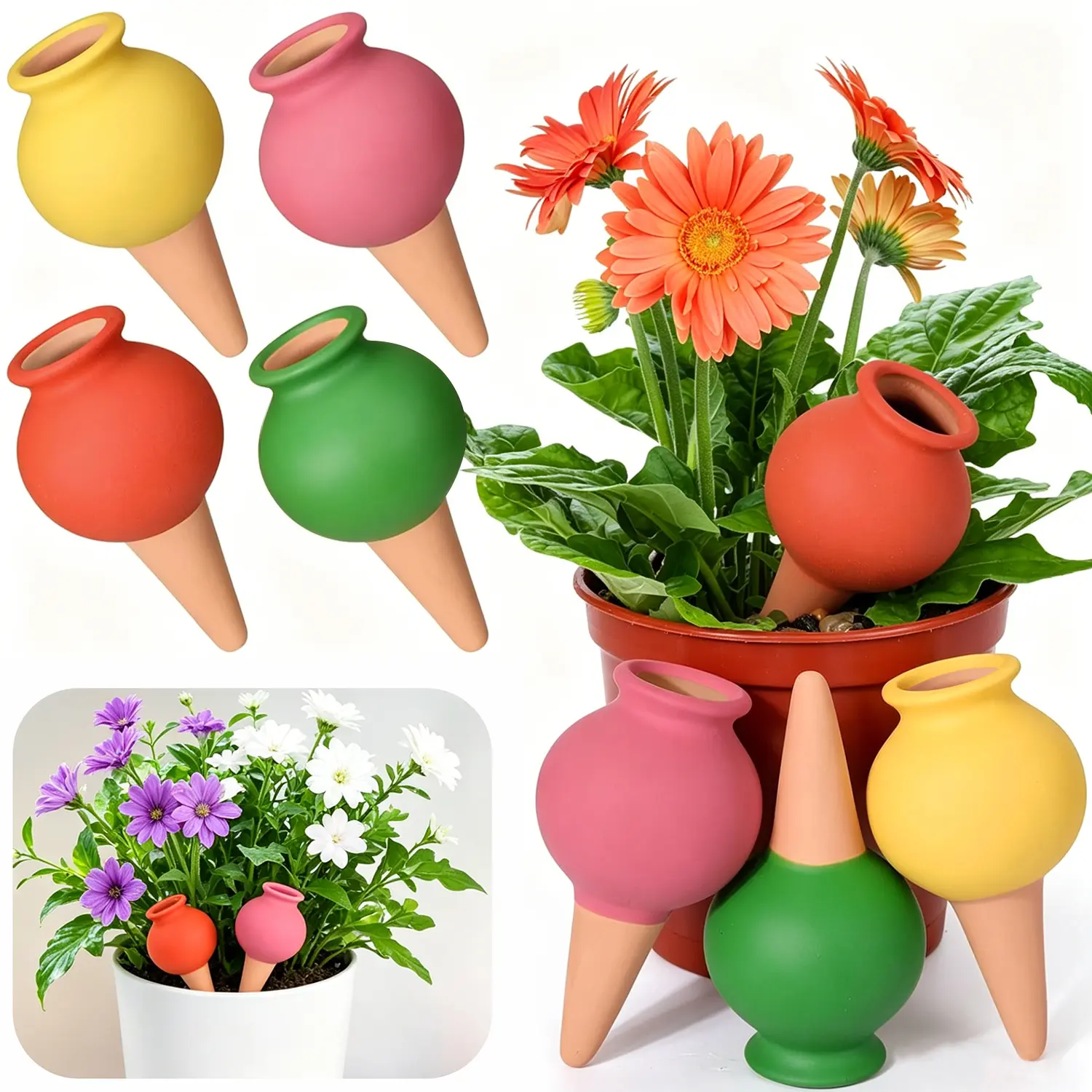 4Pcs Colorful Terracotta Self‑Watering Spikes, Automatic Slow‑Release Plant Watering Globes, Vacation Watering Devices for Indoor Outdoor Potted Plants Flowers
