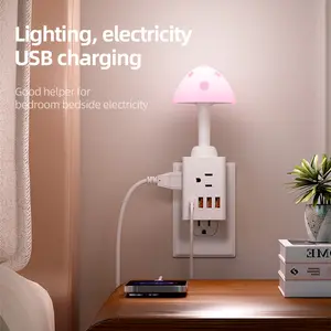 5-in-1 Mushroom Night Light Wall Outlet Extender, Power Strip with 3 USB Ports (1 USB-C) and 2 Wide Spaced AC Outlets, Touch Control Color Changing LED, Bedside Charging Station for Home Office Dorm.