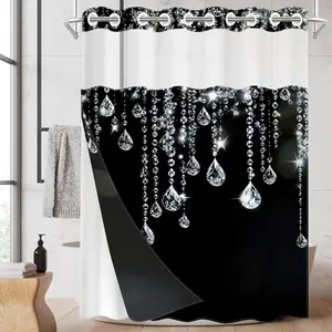 1PC/4PCS 2D Flat Printing Crystal Pendants on Black Background Patterned shower curtain, Printed Shower Curtain, home bathroom decor, Bathroom Accessory, shower curtain set with 12 hooks