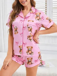 2 Piece Women's Pajamas Set Pjs, Pink Teddy Bear Bow Print Short Sleeve Sleepwear, Lapel Button Down Top with Pocket, Elastic Waist Shorts, Cute Cartoon Bear Comfy Loungewear for All Seasons, Daily Casual Homewear Womenswear