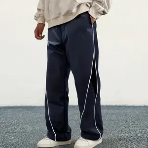 Men's Street Style Jogger Pants - Lightweight polyester fiber sports pants with side stripes, pockets, and drawstring waistband, casual sportswear, suitable for street style jogging pants | Drawstring Waistband | Shiny Surface