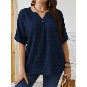 Plus Size Women's Summer Navy V-Neck Short Sleeve Loose Casual Shirt Breathable Lightweight Chic Curvy Everyday Blouse with Button Minimalist Design Women'swear Fit