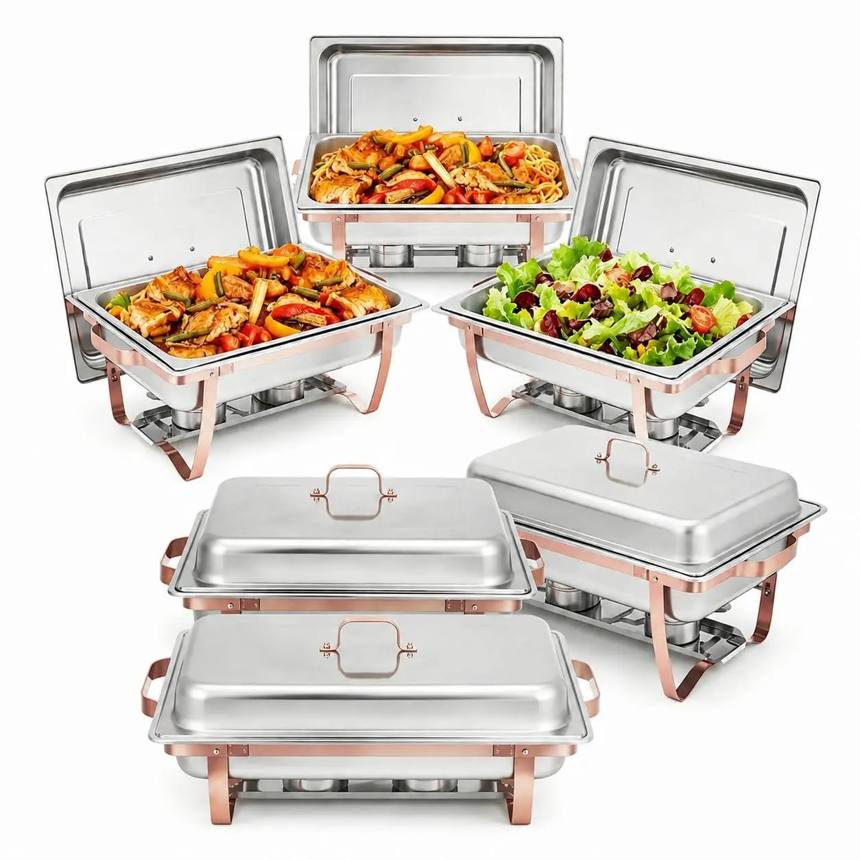 6 Pack Chafing Dishes Buffet Set, 8 QT Stainless Steel Chafers | Rectangular Buffet Servers and Warmers, Foldable Storage, Rose Gold Food Warmers for Catering Party Home