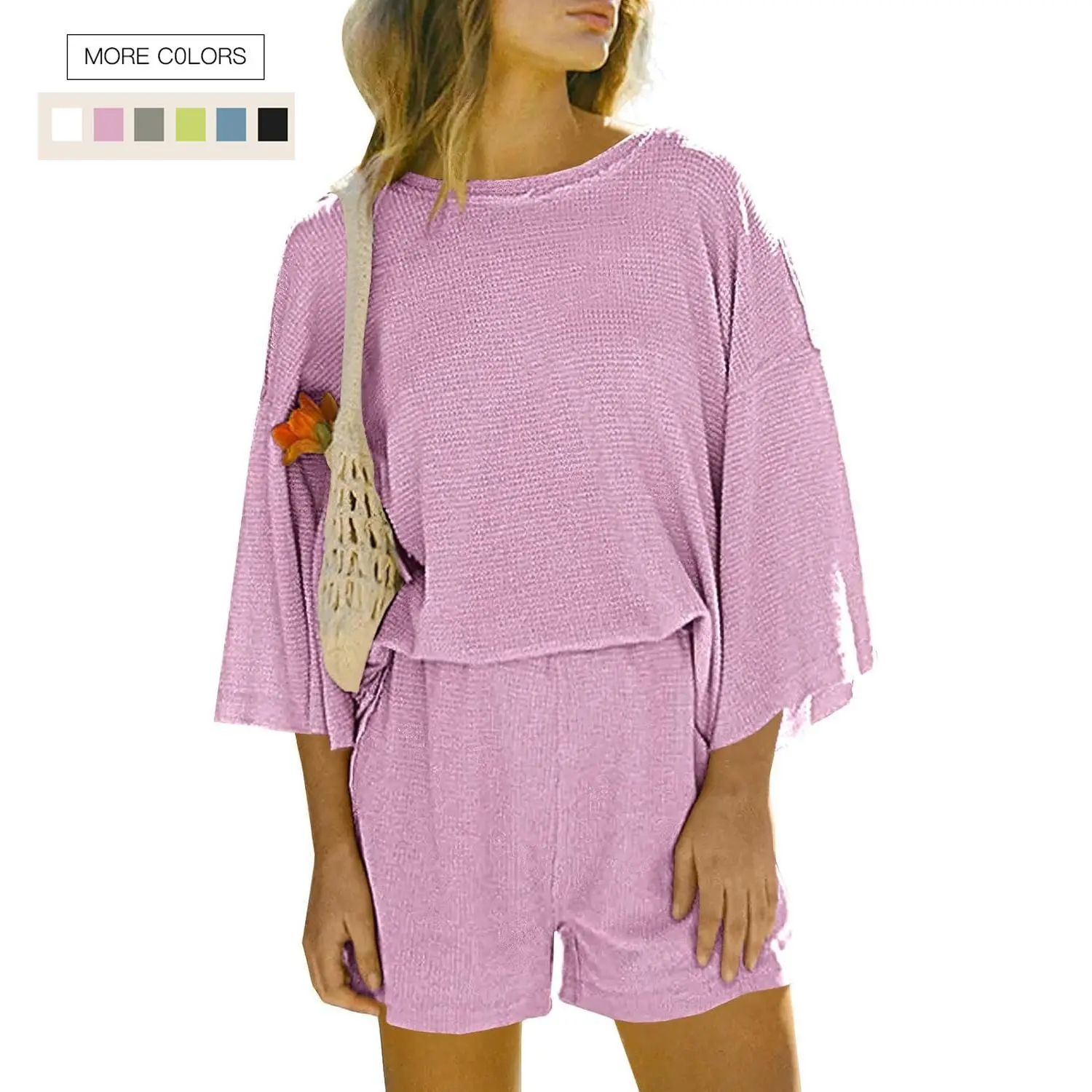 Women's 2-Piece Loose Nightwear Set, Soft Waffle Knit Pajama in Solid Colors with 3/4 Sleeve Top and Shorts, Fabric, Drop Shoulder, Casual, 30% Viscose