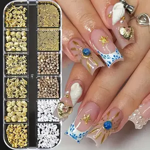 12 Grids 3D Ocean Nail Art Decorations, Nail Charms, Marine Motifs Mixed Sea Horse Starfish Conch Pearl Mini Caviar Beads Rhinestones, Seahorse Nail Art, Alloy Material