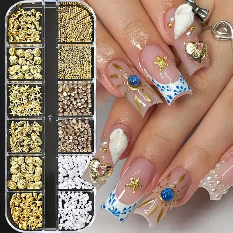 12 Grids 3D Ocean Nail Art Decorations, Nail Charms with Mixed Marine Motifs - Seahorse, Starfish, Conch & Pearl, Mini Caviar Beads & Rhinestones, Alloy Nail Art Accessories, Nail Decoration Supplies
