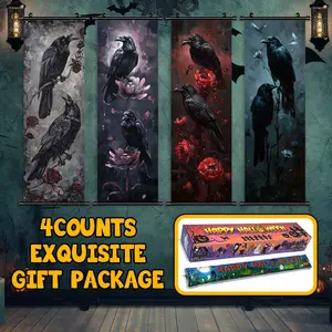 4 Count Halloween Hanging Banners, Elegant Raven Posters, Horror Theme Decorations, Party Atmosphere Art, HD Waterproof Wall Art