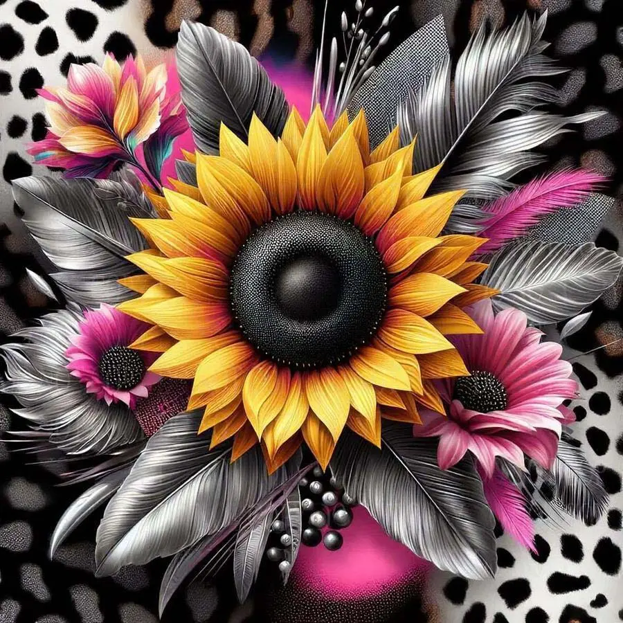 1pcs 5D DIY diamond painting kit, 5D diamond art set, DIY decoration, sunflower, feather, leopard print, full round drill diamond painting kit, mosaic, diamond art, DIY diamond arts, DIY art home decor, suitable for Halloween and Christmas, Handicraft