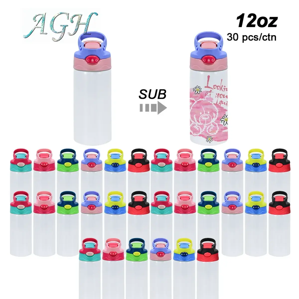 USA 30pcs 12oz Sublimation Blank Water Bottles School Portable Vacuum Flasks with Bounce Sippy Lid DIY Personalize Gift for Friend