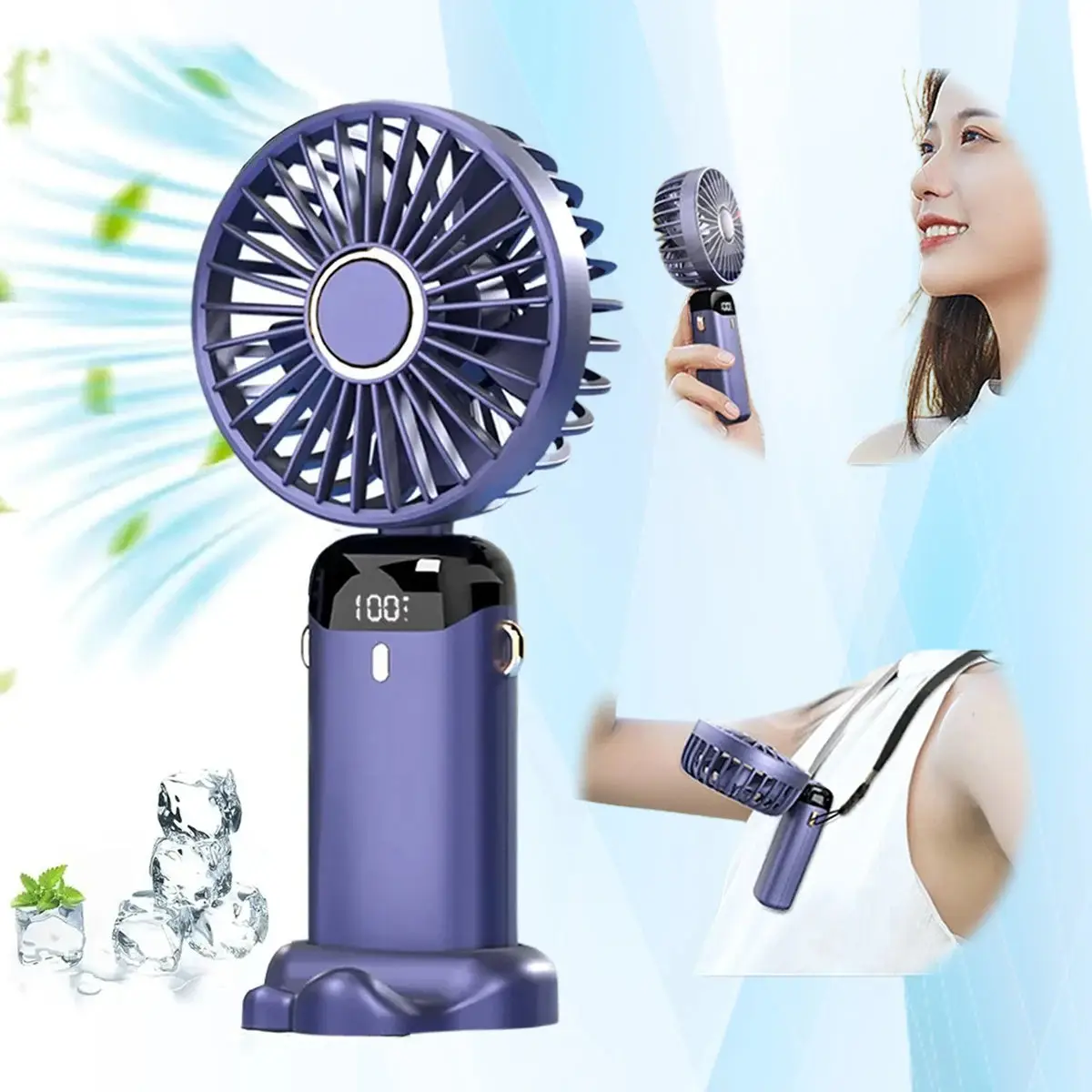 USB Rechargeable Mini Portable Handheld Fan with 5 Speed Adjustment and LED Display