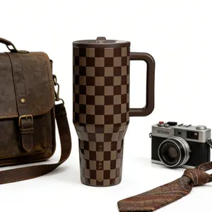 HydroJug 40oz Brown Checkered Handle Tumbler - Retro Premium Style, Portable & Large Capacity Leak-Proof for Car & Office Use funny dad gift hydration drinkware Classic Flasks