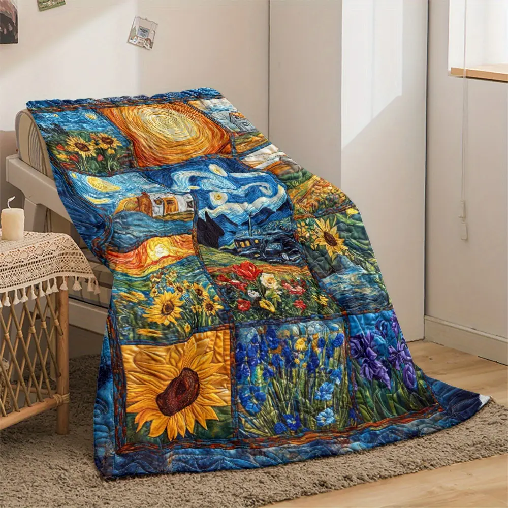 Van Gogh Masterpiece Collage Blanket - Patchwork Design featuring Starry Night, Sunflowers & Irises - Soft Flannel Art Throw for Museum Lovers