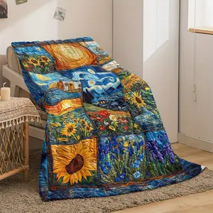 Van Gogh Masterpiece Collage Blanket - Patchwork Design featuring Starry Night, Sunflowers & Irises - Soft Flannel Art Throw for Museum Lovers