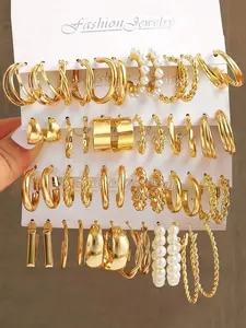 Mixed Shape Twist Design Faux Pearl Decorated Geometric Earrings Set, 24 Pairs Geometry Earrings Set, Ideal Fashion Jewelry Gift for Women & Girls, Hoop Earring Sets, Trendy Jewelry, Fashionable Jewelry Accessories