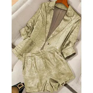 A set of women's golden suit with suit jacket and shorts, suitable for autumn and winter, suitable for home, indoor, and outdoor wear, Solid Textured Blazer