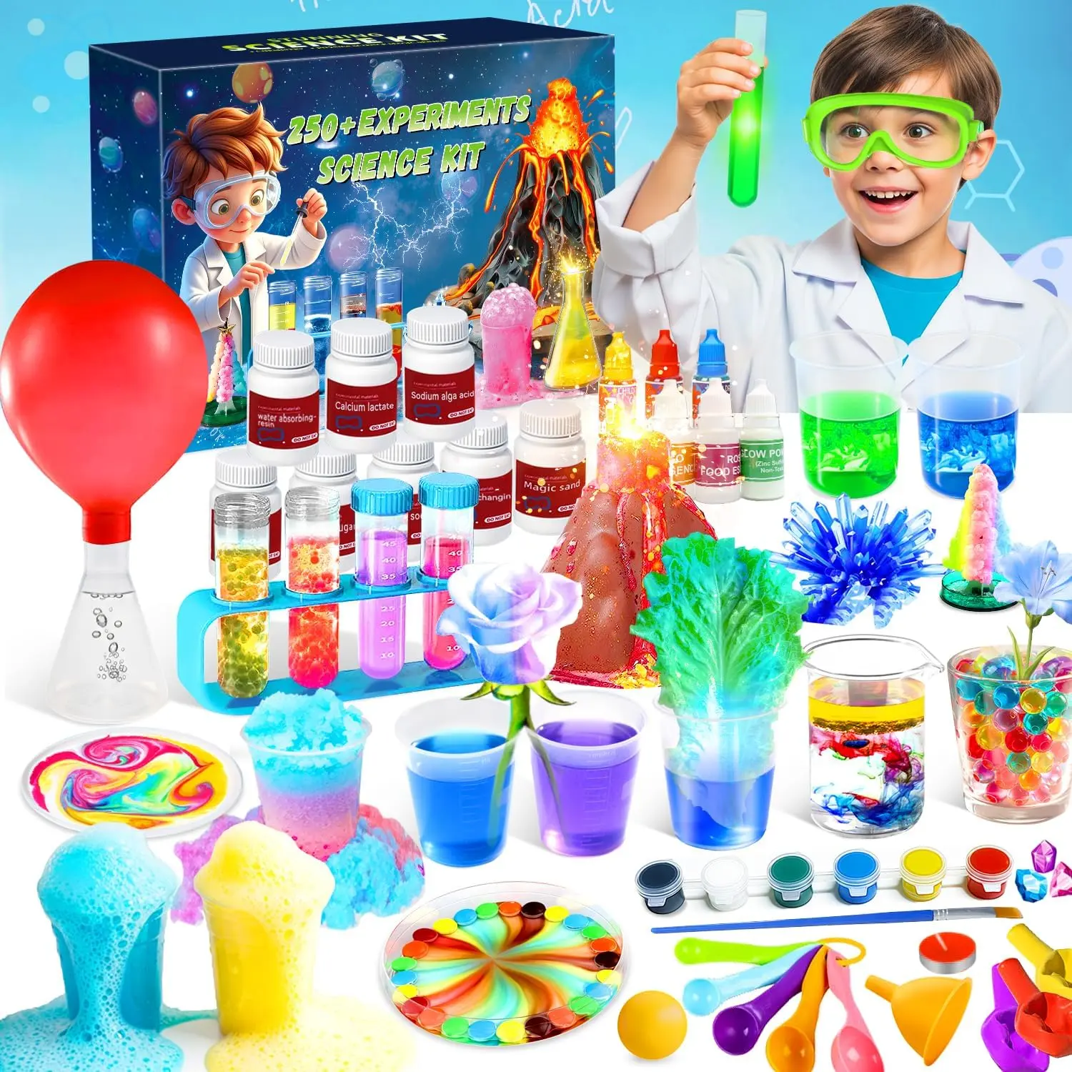 Kids' Safety Certified STEM Educational Science Kit - 250+ Experiments, Chemistry Set, Erupting Volcano, Growing Crystal Tree, Visual Learning Tools, Creativity-Boosting, Great for Birthdays Spring-Summer Gift