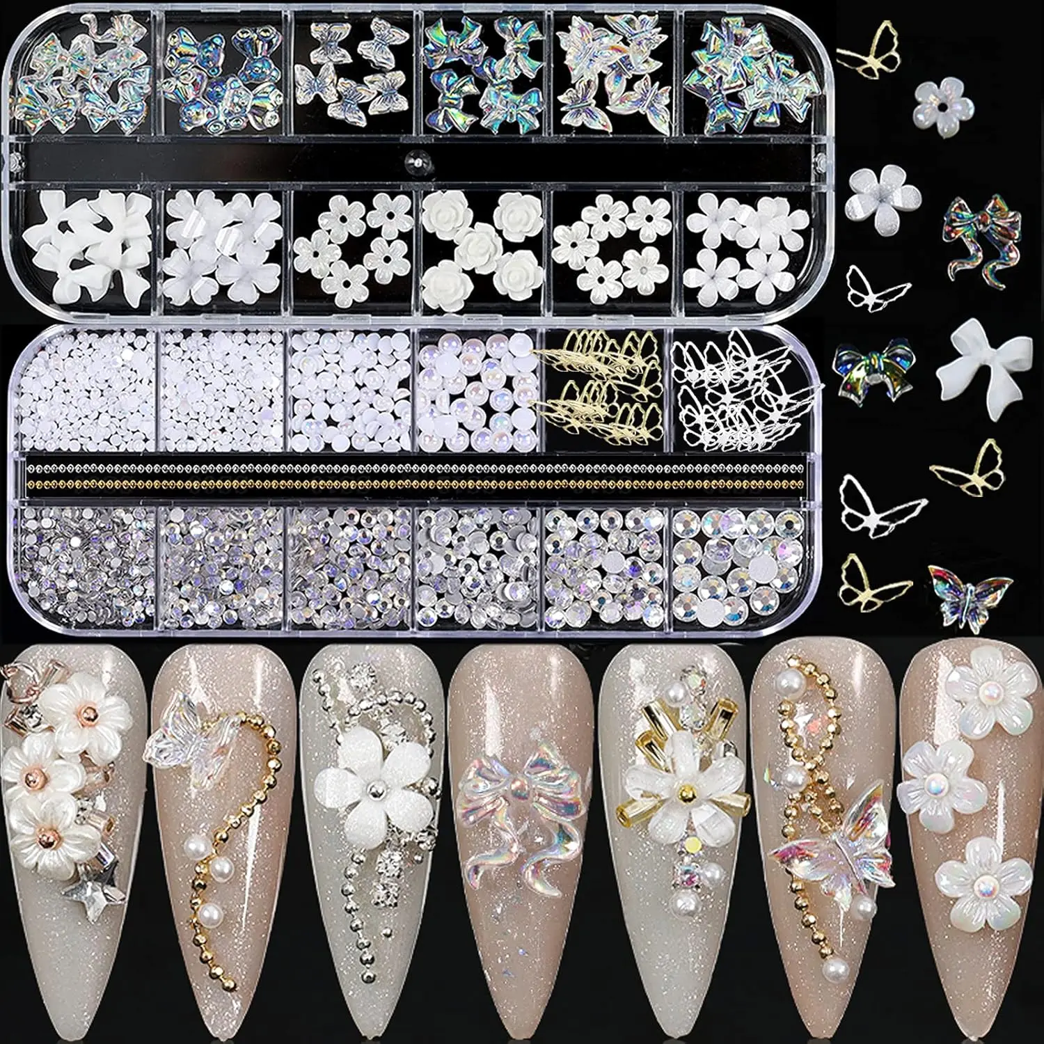 Glamorous DIY Crafts Nail & Wall Decor Supplies - 2Pcs Bow Flower Rhinestones, 3D Acrylic Butterfly Bear Charms, 60pcs AB Crystal 3D Shapes Pearl Gold Metal Art Decals for Wife’s Home Improvement Projects