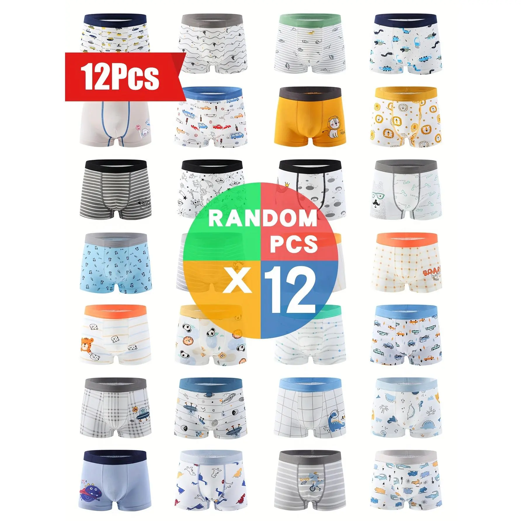 NewRandom 12pcs Set Of Boys' Cotton Underwear. These Are Baby Boxers, Children'S Underwear Made Of Pure Cotton, Class A Products, Suitable For Young, Medium And Older Boys. They Are Boys' Boxer Shorts, Boys' Underwear.