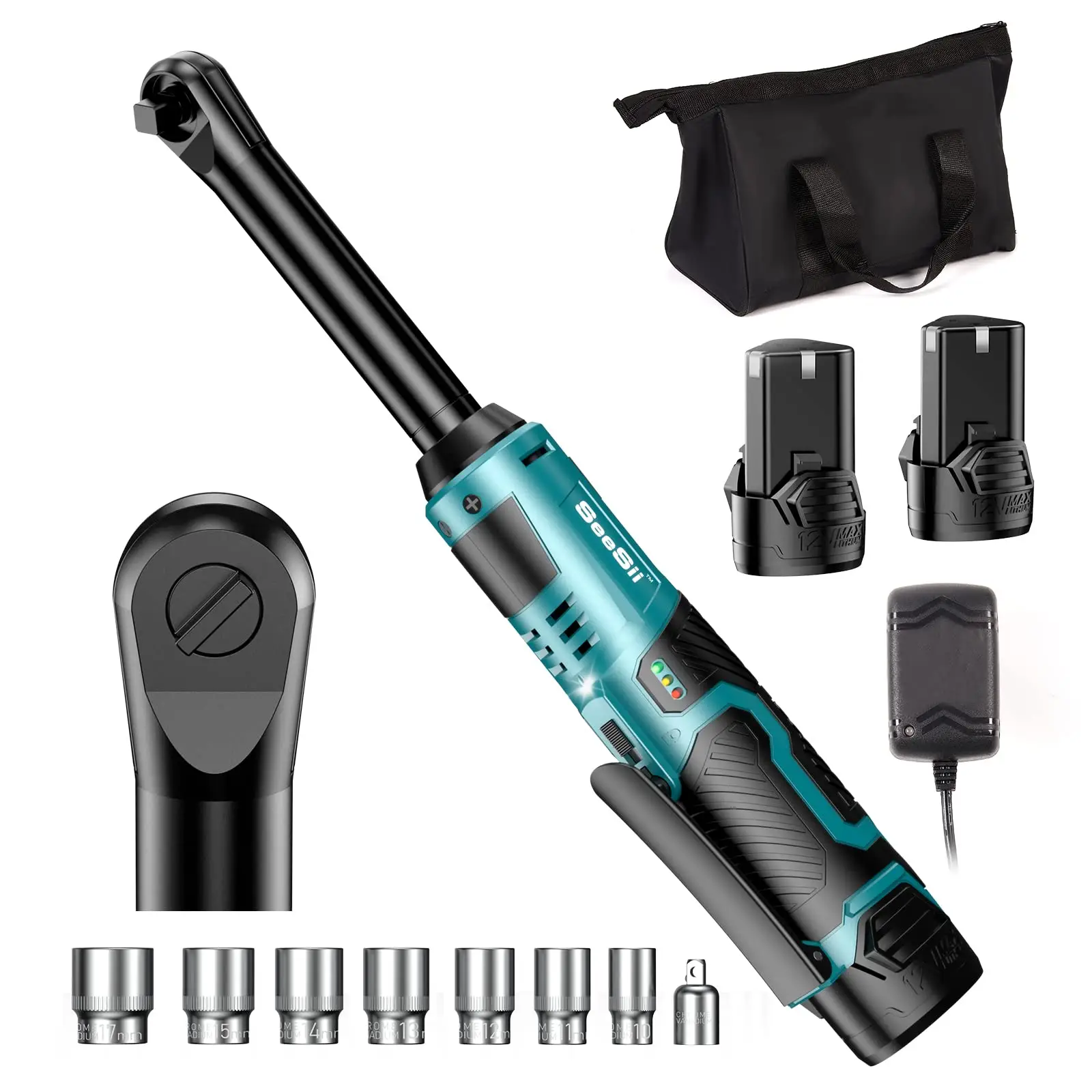 SEESII 3/8" Long Neck Ratchet Wrench - 40Ft-lbs 6" Extended Cordless Kit with 2x2.0Ah Batteries & Fast Charge, Pistola De Impacto, 220RPM Variable Spe
