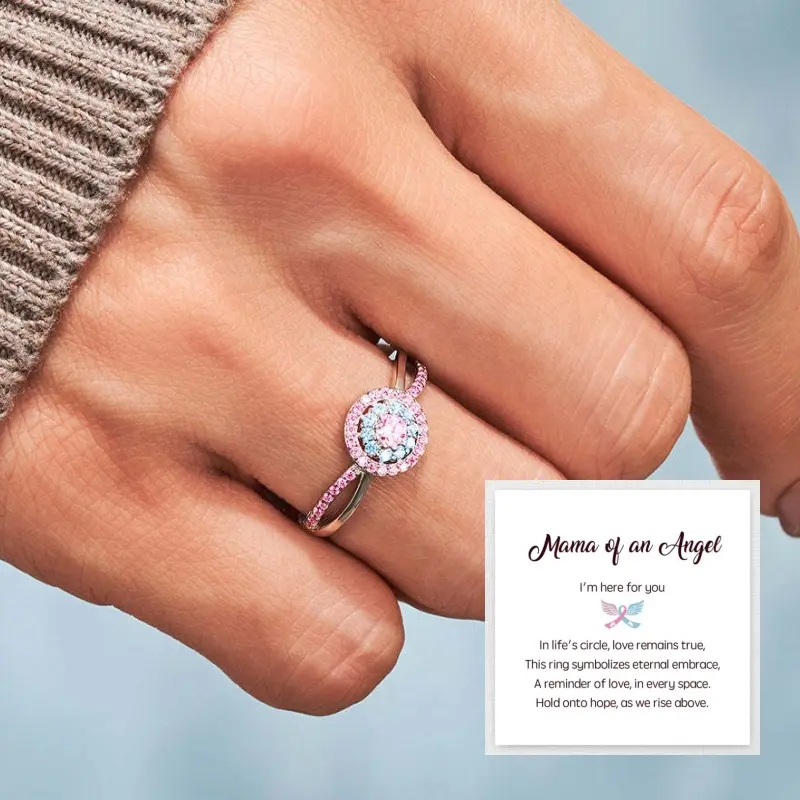 Women's Angel Wing Memorial Ring - Adjustable 2-Tone Pink & Blue Intertwined Band, Hypoallergenic Eternal Love Symbol Jewelry, Ideal for Sensitive Skin, Fits All Fingers, Mother's Meaningful Gift