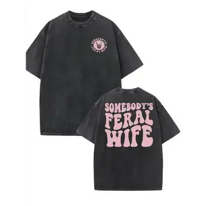 Retro Washed Cotton T-Shirt, "Somebody's Feral Wife" Pattern Printed On Both Sides, Casual Round Neck, Short Sleeves, Adult Summer Coat -100% Cotton Knitted Fabric.