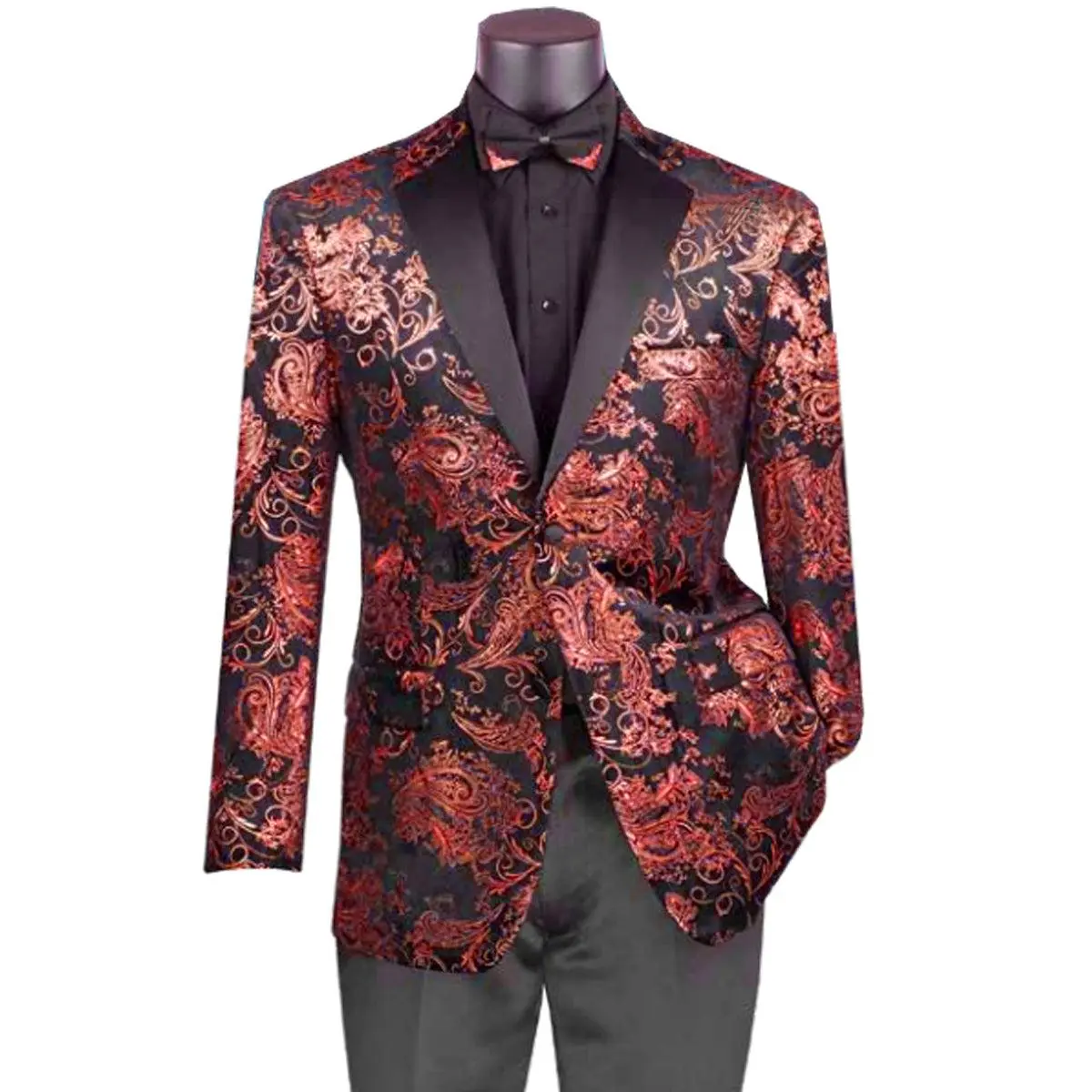 Mens Paisley Velvet Foil Smoking Jacket Tuxedo in Red