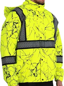 High Visibility Safety Bomber Jackets with Fleece Liner Lighting,ANSI Class 3 Reflective Waterproof Jacket for Men Menswear Zipper