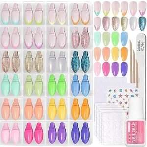 Press On Nails Kit - Chromatic Reverie | 720Pcs 24 Colors Short Almond Press On Nails | 15 Sizes French Glossy Glitter With Nail Glue & Nail Tabs Stickers, Fake Nails Kit Art For Women