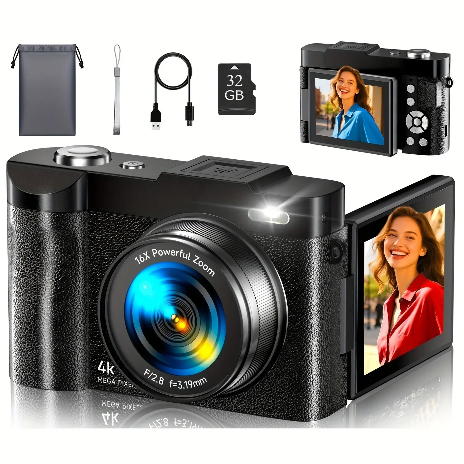 Upgrade 4K Digital Camera for Photography 50MP with 3'' 180° Flip Screen 16X Zoom Autofocus YouTube Vlogging Camera, Compact Point and Shoot Cameras with 32G Card, Rechargeable Battery & Charging cable(Black)